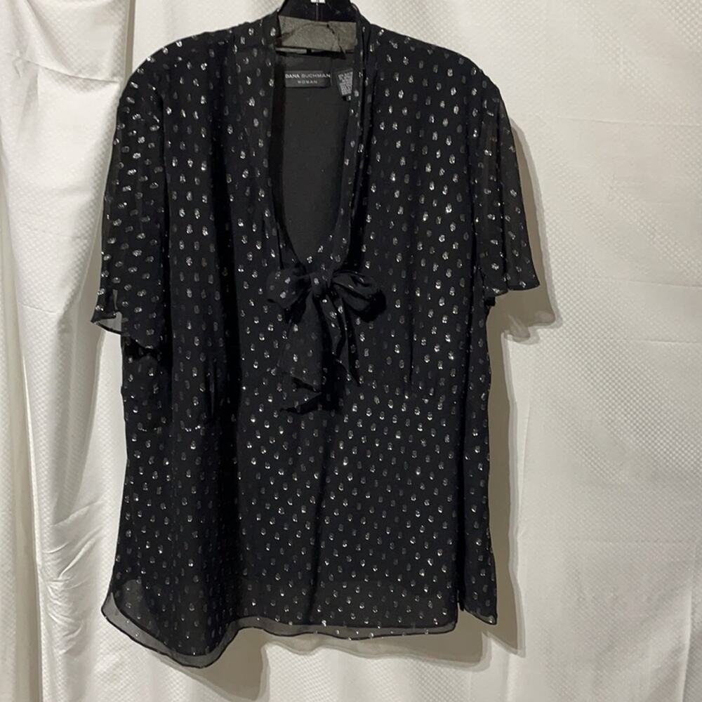 Dana Buchman 22 black silver metallic silk blouse lined side zip entry euc